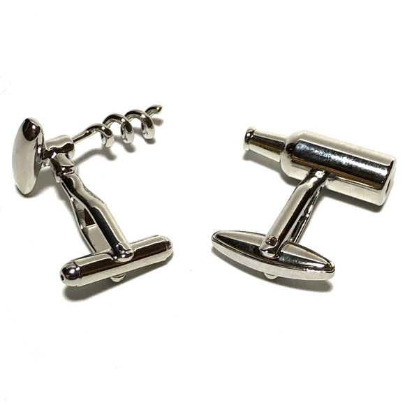 Wine Bottle and Corkscrew Silver Cufflinks - Picture 2 of 4